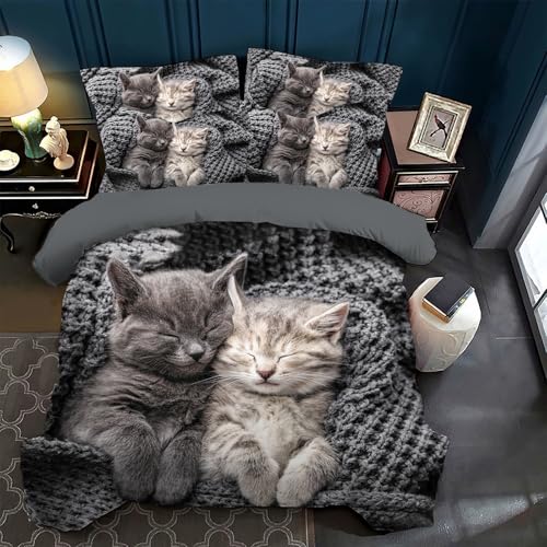 VTRXEG Katzen Bettwäsche 200x200,3D Katzenmotiv Mikrofaser Bettbezug, Haustier Katze Bettwäsche Sets 3teilig,mit Reißverschluss + 2 Kissenbezüge 50 x 75cm (A, 200x200cm)