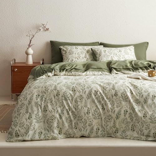 Lanqinglv Bettwäsche 200x200cm Grün Blätter Blumen Muster Pflanzen Wende Bettwäsche Set Bunt Microfaser Renforce Bettbezug mit Reißverschluss und 2 Kissenbezug 80x80 cm