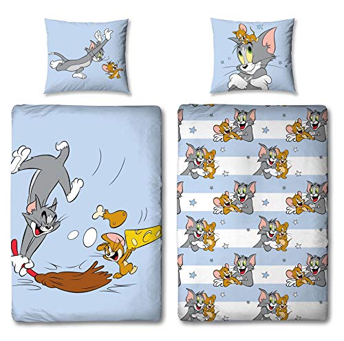 Familando Tom und Jerry Bettwäsche-Set 135x200 cm 80x80 cm · Katze Maus · Kinder-Bettwäsche 100% Baumwolle Linon · mit Reißverschluss
