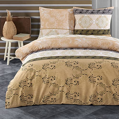Buymax Bettwäsche 200x200 Baumwolle 3-Teilig Bettgarnitur mit Bettbezug und Kissenbezüge 80x80 Renforce Bettwäsche-Set Blumenranken Rankenmuster Barock , Braun-Beige
