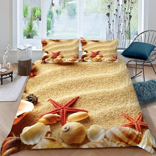 MOXINO 3D Maritime Bettwäsche 135x200 cm 2teilig Seestern Muschel Bettwäsche für Kinder Leicht Mikrofaser Bettbezug Sommer Weiche Bettbezüge mit Kissenbezüge 80x80?Muster 102-12?