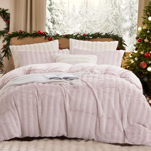 Lanqinglv Plüsch Bettwäsche 155x220 cm Rosa Flauschig Langhaar Kunstfell Dick Winterbettwäsche Warm Kuschelig Flanell Fleece Cashmere Touch Bettbezug mit Reißverschluss und 1 Kissenbezug 80x80cm