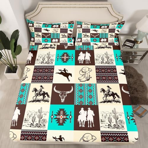 Western-Cowboy-Bettwäsch e-Set, volle Größe, Kuh-Schädel, Wüstenkaktus, Spannbetttuch, rustikales Aztekenmuster, gestreift, für Kinder, Teenager, Erwachsene, Raumdekoration, braunes Türkis