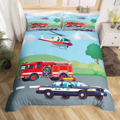 Pechiwuo Feuerwehr Bettwäsche 200x200 cm 3D Feuerwehrauto Bettwäsche Set, Feuerwehr Bettbezüge Set Weiche Mikrofaser Bettbezug 200 x 200 cm + 2 Kissenbezüge 80x80 cm t3719
