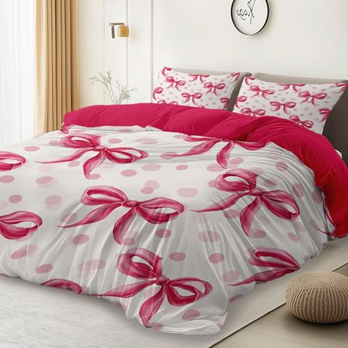 Bettbezüge Rosa -Mikrofaser-Bettwäsche Set 240 x 220 cm - mit 2 Kissenbezüge - Retro Niedlich Schleife Punkte Bedruckt Wendebettwäsche Bedding - mit Reißverschluss - Hypoallergen Bettbezüge Rosa -Mikrofaser-Bettwäsche Set 240 x 220 cm - mit 2 Kissenbezüge - Retro Niedlich Schleife Punkte Bedruckt Wendebettwäsche Bedding - mit Reißverschluss - Hypoallergen