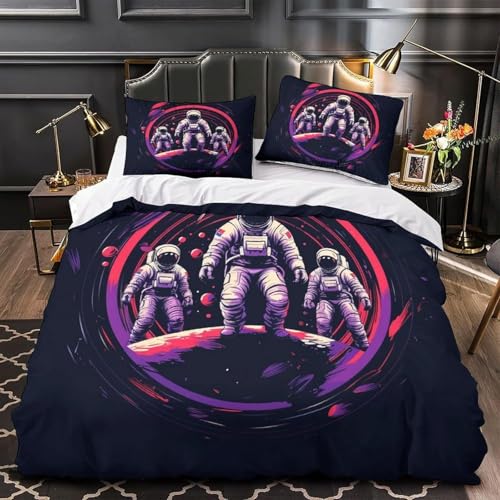 Astronauten-Thema Bettwäsche 200x200 Weltraum Bettbezug 3D Weiche Mikrofaser 3 Teilig Bettwäsche-Sets mit Reißverschluss und 2 Kissenbezüge 80x80 cm für Erwachsene J.3257