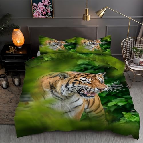 LLSZAHD BettwäSche 135x200 Tiger Mikrofaser Bettbezug 135 x 200 Set mit 80x80 cm Kissenbezug, BettwäSche-Sets Blatt Bügelfrei für Einzelbetten mit ReißVerschluss