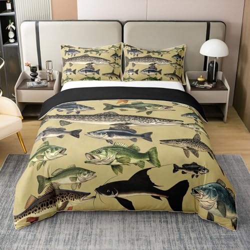 Homewish Pike Fish 100% Baumwolle Bettbezug,Angeln und Jagd Thema Bettwäsche Set 155x220 für Kinder Jungen Mädchen,Meeresleben Druck Tröster Abdeckung für Schlafzimmer,Ozeanfisch Lachs Bett Set