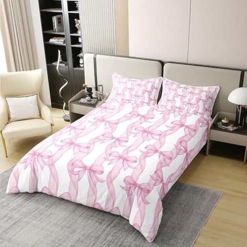 Mädchen Rosa Bogen 100% Bettbezug aus Baumwolle S Größe,Süße Bogen Band Druck Bettwäsche,Prinzessin Stil Girly Tröster Abdeckung Kinder Teens Frau Jugend Bowkont Lines Quilt Cover,1 Kissenbezug