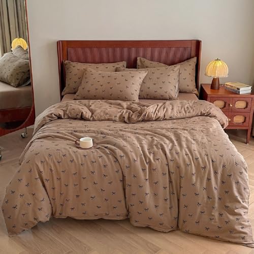 Freyamy Bettwäsche 155x220 Braun, Schwarz Schleife Bettwäsche für Mädchen,2teilig Wende Bettwäsche Set Microfaser Bettbezug mit Reißverschluss + 1 Kissenbezug 80x80 cm