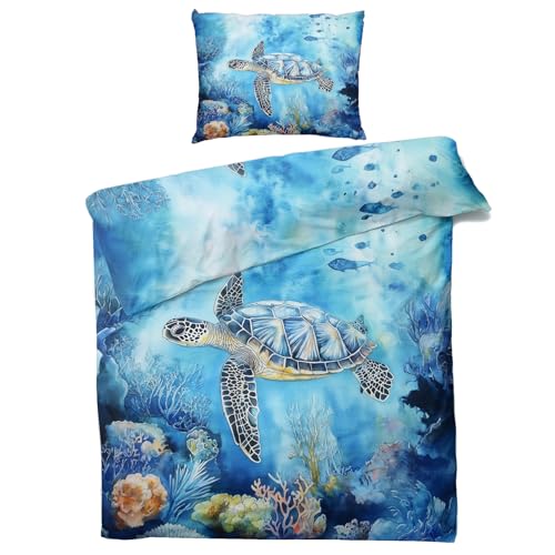 Bettwäsche 135x200 Meeresschildkröte - Nautisch Maritim Bettbezug 2er Set mit 1 Kopfkissenbezug 80x80, Weiche Kuschelige Mikrofaser Unterwasser Tropische Meerestiere Wendebettwäsche mit Reißverschluss