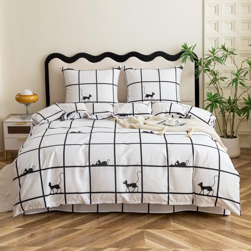 Cotton Market Bettwäsche – Bettwäsche-Sets 3 Teilig – Bettbezug 200x200 cm und 2 Kissenbezüge 70x80 cm – Karo Katze