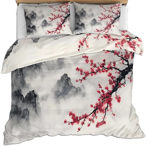 Generisch Bettwäsche 135x200 Berge und Blumen Bettbezug 135 x 200 2 Teilig Asiatischer Orientalischer Stil Bettwäsche-Sets 3D Muster Weiche Mikrofaser Bettbezüge mit 1 Kissenbezug 80x80 cm D0182