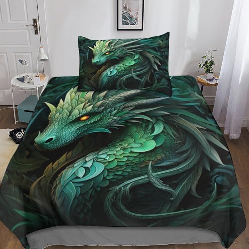 POCHY Grüner Drache Bettwäsche Set 3D Monster Bettbezug Set 2-teilig Mikrofaserbetten Set Mit Reißverschluss Kissenbezug Bettwäschegarnitur Für Teenager, Jungen, Mädchen Single?135x200cm?