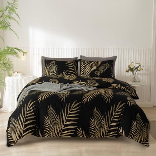 YASMENG Bettwäsche 135x200 Gold Schwarz Blätter Bettwäsche Gold Blätter Motiv Modern Elegant Bettbezug Set Weich Mikrofaser Blätter Gold Bettwäsche 2teilig mit Reißverschluss und 80x80 cm Kissenbezug