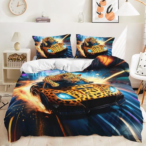 ZKTCYC Neon Auto Bettbezug 220x240 Kinder Junge Mädchen Bettwäsche 220x240 Sportwagen Leopard Bettwäsche Set aus Mikrofaser mit Kissenbezug 80x80 cm