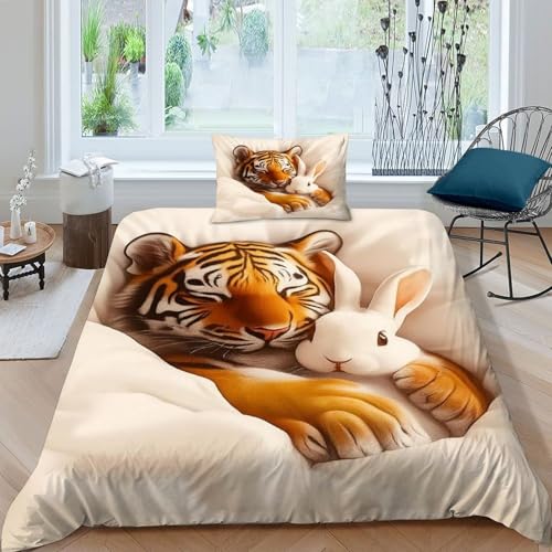 HOGDISAJD Tiger Kaninchen Bettwäsche Weiche Feder niedliche Tiere 3D Gedruckt LuxusBettwäsche Sets Mit Reißverschluss Bettdeckenbezug 2 Stück Zimmer Dekorative Single?135x200cm?