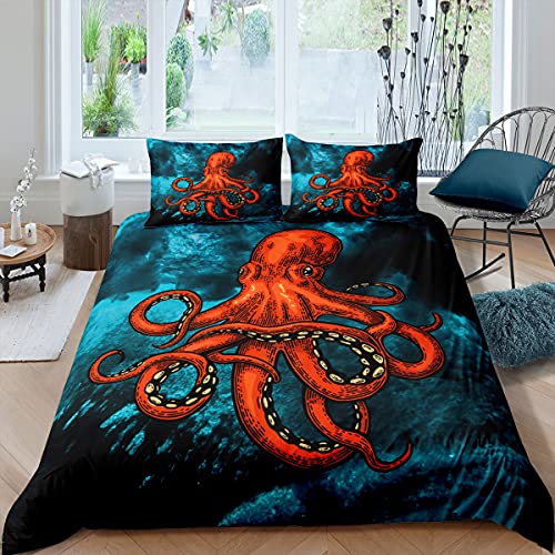 richhome Oktopus Ozean Bettwäsche-Set,Rotes Meeresleben Bettwäsche Set 135x200cm,Mystery Unterwasserwelt Blau Betten Set für Kinder Jungen Mädchen Teenager 2St.Reißverschluss Mikrofaser