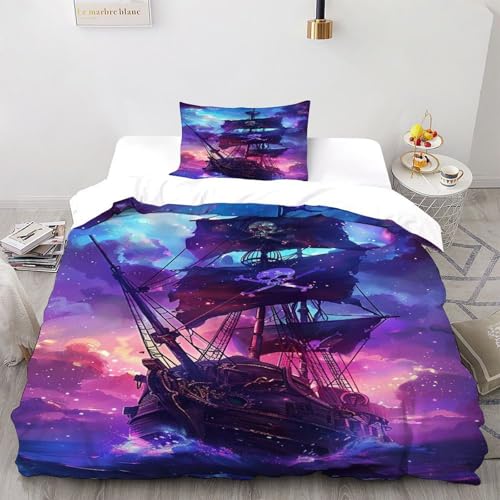 XIKMLSID Lila Piraten 2-Stück-Set Europäischen Stil Bettwäsche Ozean 3D Design Jungen Set Ultra-feine Faser Bettbezug,100% Baumwolle, Mit 1 Kissenbezug Single?135x200cm?