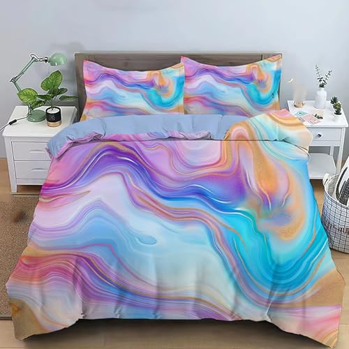JEDTAKCT Regenbogenwirbel Bettwäsche 200X200Cm - Sommer Wendebettwäsche Mikrofaser Mädchen Und Jungen - Verträumter Marmor Bettwäsche Set - Weich Bügelfrei - Sets Blau Pink Mit Reißverschluss
