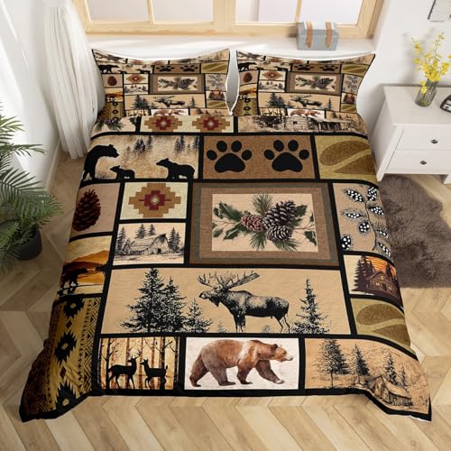 Homewish Rustische Lodge Plaid Bettwäsche Cabin Jagd Bären Elch Bettbezug 135x200 Vintage Bauernhaus Paw Print für Kinder Erwachsene Bettset Western Country Aztec Bettwäsche Set 1 Kissenbezug