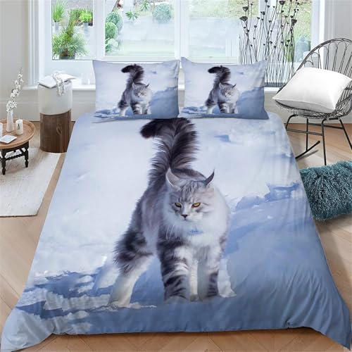 YZQGLHP Bettwäsche 135x200 2 teilig Bettbezug Set Maine-Coon-Katze 100% Mikrofaser Bettbezug Bettgarnitur mit Reißverschluss,Bettdecke n Bezug & Kissenbezug 80x80 cm