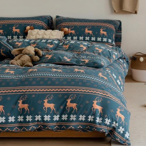 Freyamy Weihnachts Bettwäsche Set 135x200cm 4teilig Mädchen Blau Bunt Weihnachtselch Bettwaren-Sets Mikrofaser Kinder Deckenbezug 2 Bettbezug mit Reißverschluss und 2 Kissenbezug 80x80cm