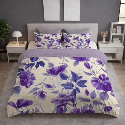 Cremefarben Violett Bettwäsche Set (135 x 200) - Flauschige Bettwäsche - Atmungsaktiv Warm Hautfreundlich - Weiche Bettwäsche - Mit Reißverschluss - Vintage Blumen Aquarell Blatt