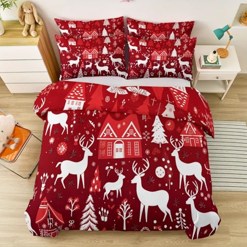 Bettwäsche 155 x 220 cm - Weihnachten Hirsch Silhouette Dekor Bettbezug für Kinder Jungen Mädchen, Rot Weiche Mikrofaser Bettbezug Set mit Reißveschluss Bettwäsche 155 x 220 cm - Weihnachten Hirsch Silhouette Dekor Bettbezug für Kinder Jungen Mädchen, Rot Weiche Mikrofaser Bettbezug Set mit Reißveschluss