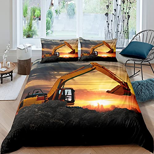 Homewish Bagger Bettbezug Set, LKW Traktor Bettwäsche Set 135x200 Für Kinder Jungen Mädchen Teenager, Baufahrzeug Trösterbezug Ausrüstung Auto Cartoon Bettbezug Dekor, Gold