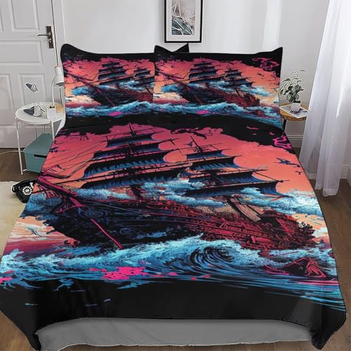 FGHJHGG Pirate Ship,Boot 3D 2 teilig Bettbezüge Set Super Weiche Bettwäsche Inkl Bettbezug Und Kissenbezüge Angenehme Bettdeckenbezug Single(135x200cm)