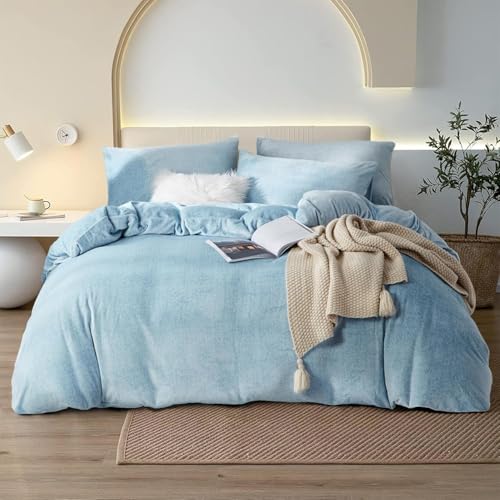 YASMENG Warme Winter Bettwäsche 135x200cm Hellblau Flauschige Plüsch Bettwäsche Super Weich & Kuschlig Hochwertige Bettbezug Set mit Reißverschluss und 1 Kopfkissenbezug 80x80cm