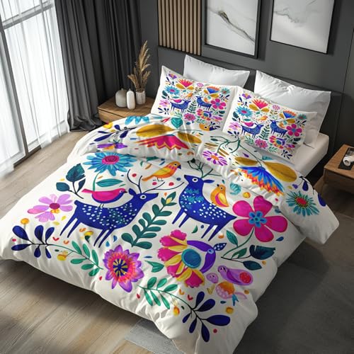 Generisch Mikrofaser Bettwäsche 140x200 Vogel Hirsch 2tlg - Mehrfarbig Floral Wendebettwäsche Deko, Weiche Bügelfreie Bettbezug mit Reißverschluss, 1 Kissenbezug 70x90 AC1398