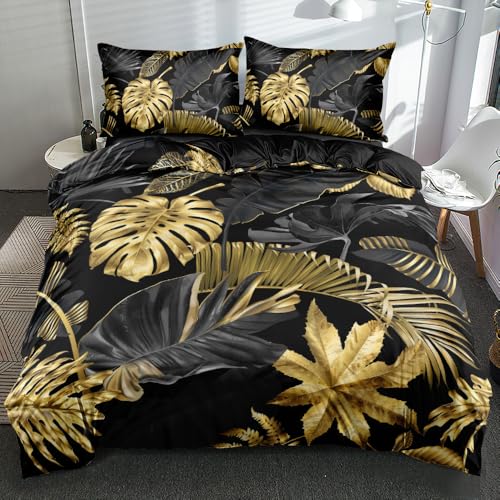 Luowei Bettwäsche 200x200cm 3D Bettwäsche Gold Blatt Muster Bettwäsche Set Weich Mikrofaser Bettbezug mit Reißverschluss und Kissenbezug 80x80cm