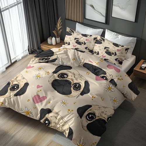 Generisch Bettwäsche 155x220 Süße Mops, Weiche Bügelfreie Mikrofaser Bettbezug Set 2tlg, Haustier Welpe Cartoon Muster Schlafzimmer Deko, 1 Kissenbezug 80x80, mit Reißverschluss EGT45