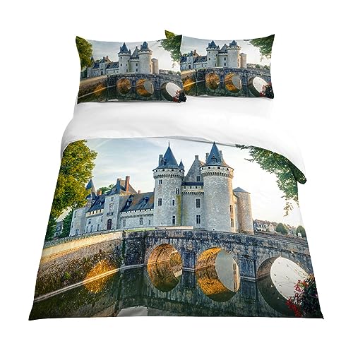 EXSANLIEAY Bettwäsche 220x200 Schloss Bettbezug Weich Mikrofaser Landschaft Bettwäsche-Sets mit Reißverschluss und 2 Kissenbezüge 80x80 für Mann und Frau
