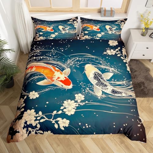 Homemissing Japanische Koi Carp Bettwäsche Set 135x200cm Traditionelle japanische Ukiyoe Bettbezug mit Reißverschluss Sakura Blume mit Kopfkissenbezug Anime Bettwäsche-Set