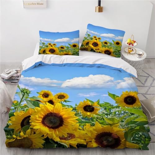 Gelbe Sonnenblumen Bettwäsche 200x200 cm Bettwäsche-Set 3D Landhausstil Bettbezüge Weiche Kuschelig Mikrofaser Bettbezug mit Reißverschluss und 2 Kissenbezüge 80x80 cm n.1900