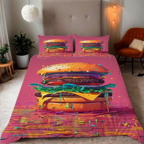 Zbeiba Bettwäsche 135x200,Feinschmecker-Bur ger Print Muster Lebendige Farben Bettbezug Set Für Teenager Kinder Mikrofaser Sanft Bedding + 2 Kissenbezüge(135x200+2 * 80x80,#2