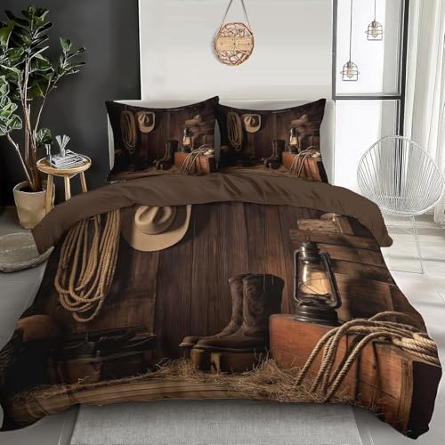 Bettwäsche 220x240 Western-Cowboy 3D Druck Bettbezug Kuschelig Weich Mikrofaser Bettwäsche Set 3 Teilig Bettwäsche-Sets Landhausstil Bettbezüge mit Reißverschluss und 2 Kissenbezüge 80x80 cm A/2730