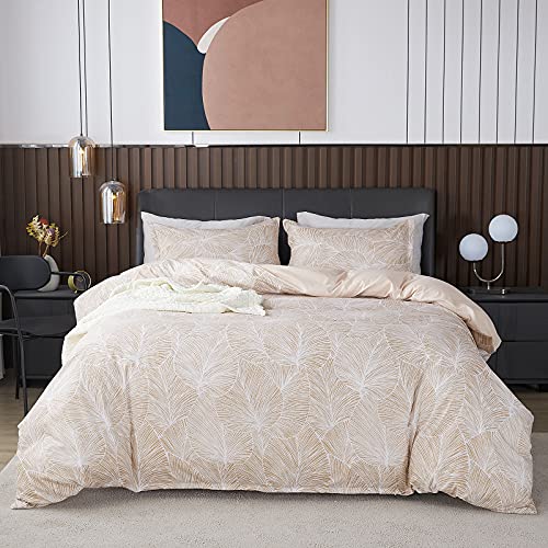 Jemiipee Blumen Bettwäsche-Set mit Tropische Palmblätter Muster, 1 x Bettbezug 200x200 cm mit 2 x Kissenbezüge 80x80 cm und Reißverschluss, Weiche 100% Mikrofaser Bettwäsche Modern, Beige