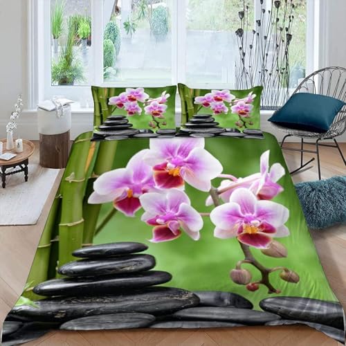 Bettwäsche 200x220 Orientalisch-Asiatisch Bettwäsche-Sets Orchidee, Kieselsteine, Bambus Bettbezug mit Reißverschluss 3D Weiche Mikrofaser Bettbezüge mit 2 Kissenbezüge 80x80 cm A-6405