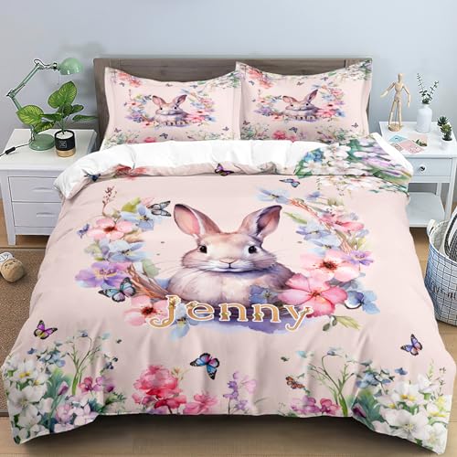 WarmMin Personalisierter Bettbezug mit Foto/Text für Familie Bettwäsche-Set für Kinder und Erwachsene Geschenke zum Valentinstag, Muttertag, Vatertag (Kaninchen)