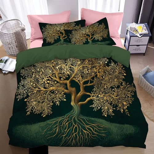 WunM Studio Bettwäsche 200 * 200cm dunkelgrün Baum des Lebens Bettbezug Set 3 Teilig Fantasietraumzweige Blümchen Blumenmuster Weich Bettwäsche-Sets mit 2 Kissenbezüge 80x80 cm und Reißverschluss