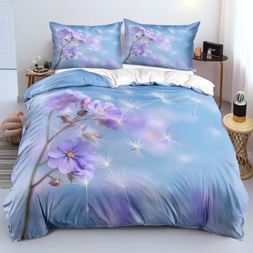 Löwenzahn Bettbezug 200 x 200, Bettwäsche Set mit Violettem Blumendruck, Bauernhaus Landhaus Bettwäscheset mit Löwenzahn Blumendruck, Blauer Bettbezug Set für Kinder Mädchen, Teenager, Schlafzi