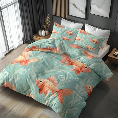 zcwl Goldfisch Bettwäsche 155x220 2tlg, Fisch Hellblau Wendebettwäsche und 1 Kissenbezüge 80x80, Weiche Mikrofaser Bettbezug mit Reißverschluss, Schlafzimmer Deko, Geschenke