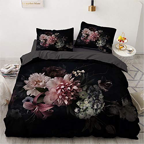 Luowei Bettwäsche Blumen 135x200cm Schwarz Vintage Floral Blüten Bettbezug Set Weiche Microfaser Bettdeckenbezug und 1 Kissenbezug 80 x 80cm für Einzelbett