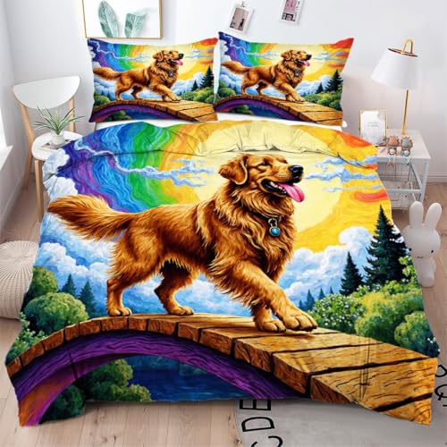 ZZXHG Bettwäsche Mikrofaser 3teilig Bunte 3D Golden Retriever, Bettbezug 135 x 200 mit Reißverschluss, Bettwäsche-Sets Kinder Einzelbett, 1 Bettbezüge + 2 Kissenbezug 80x80 cm_A3260