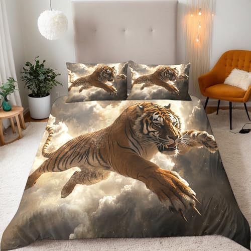 Generisch Bettwäsche 135x200cm 3Teilig Tiger Bettwäsche-Sets Natur Wolken Tiere Tiger Kinder Mikrofaser 3D Motiv Modern Bettdeckenbezug Mit Reißverschluss und 2 Kissenbezug 80x80cm