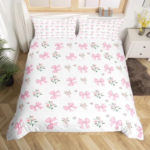 Loussiesd Mädchen Bogen Bettwäsche 200x200cm Träumige Prinzessin Rosa Bowknot Bettbezug für Kinder Frauen Rose Blume Blumen Betten Kawaii Romantische Schöne Muster Zimmer Dekor
